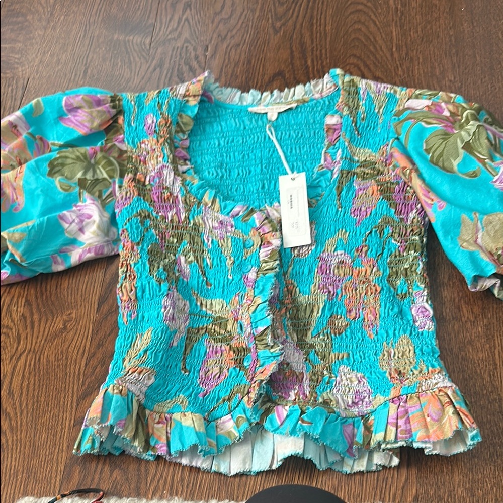 Blue and Pink Smocked Ruffled Short Sleeve Blouse